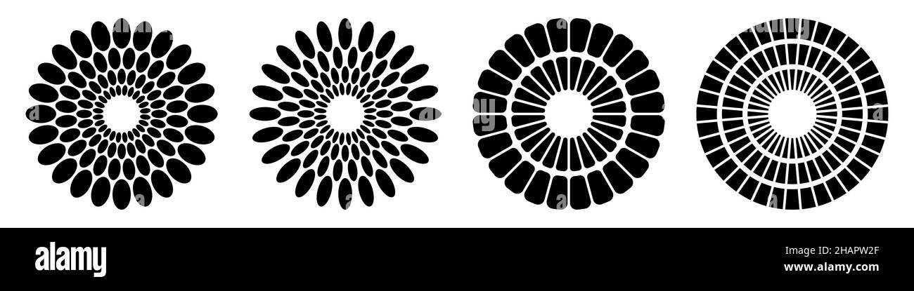Set di quattro ornamenti simmetrici circolari astratti. Forme geometriche isolate su sfondo bianco. Design tatuaggio. Motivi decorativi. Vettore. Illustrazione Vettoriale Set di quattro ornamenti simmetrici circolari astratti. Forme geometriche isolate su sfondo bianco. Design tatuaggio. Motivi decorativi. Vettore. Illustrazione Vettoriale