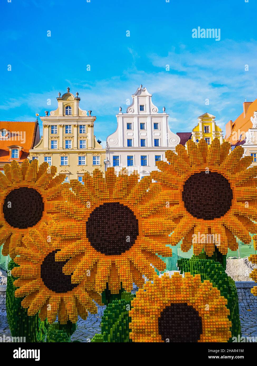 Wroclaw, Polonia - Novembre 21 2020: Girasoli fatti di mattoni Lego alla  piazza del mercato come decorazione per il giorno della gentilezza Foto  stock - Alamy