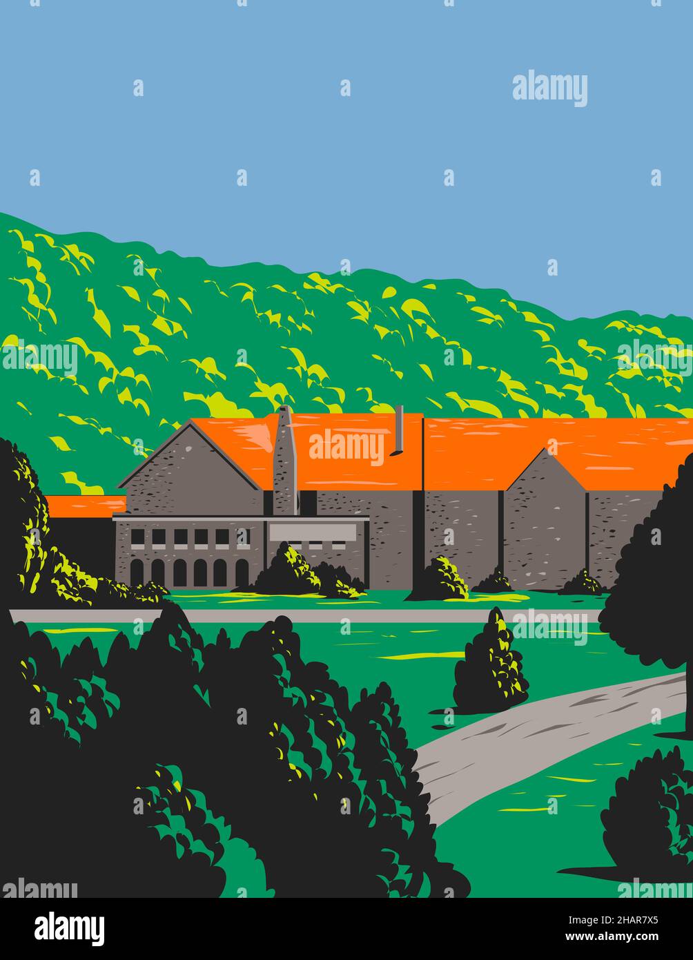 Stone Lodge con tetto rosso e alberi in fronte durante Spring WPA Poster Art Foto Stock