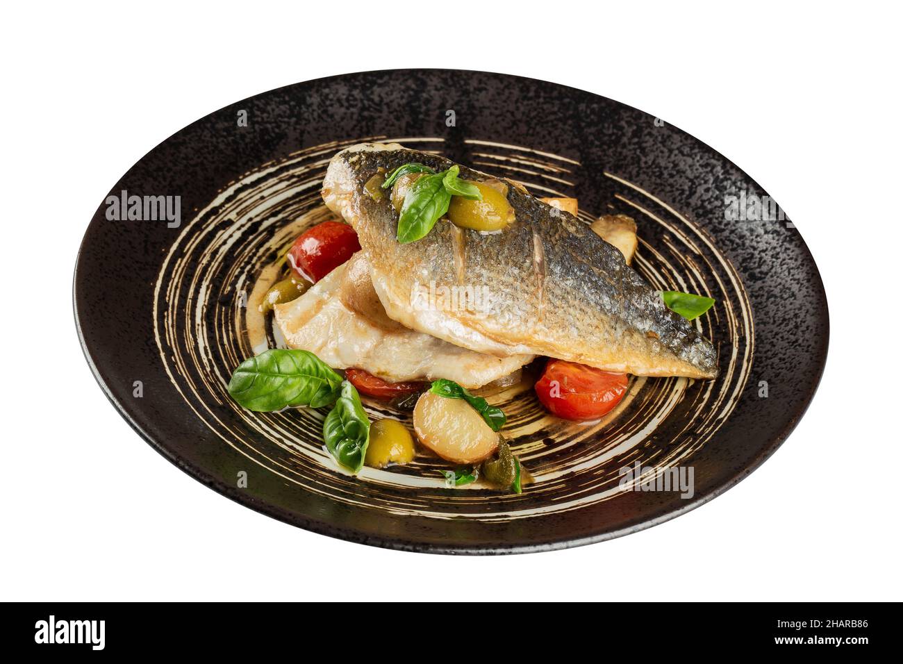 Filetto di pesce con patate e verdure. Foto Stock