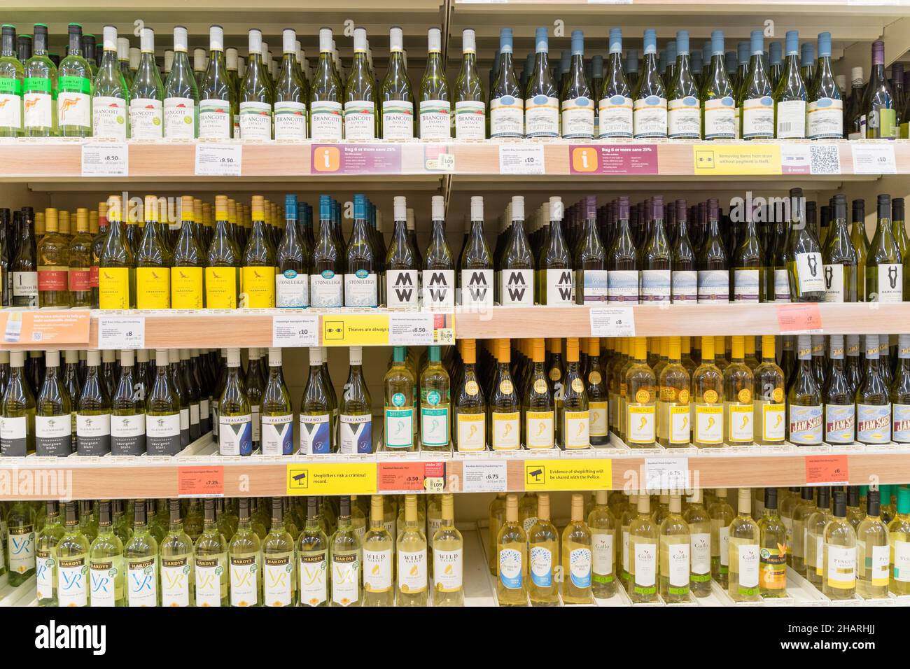 Quattro file di vini bianchi sono esposti sugli scaffali presso la corsia delle bevande in un supermercato Kent UK Foto Stock