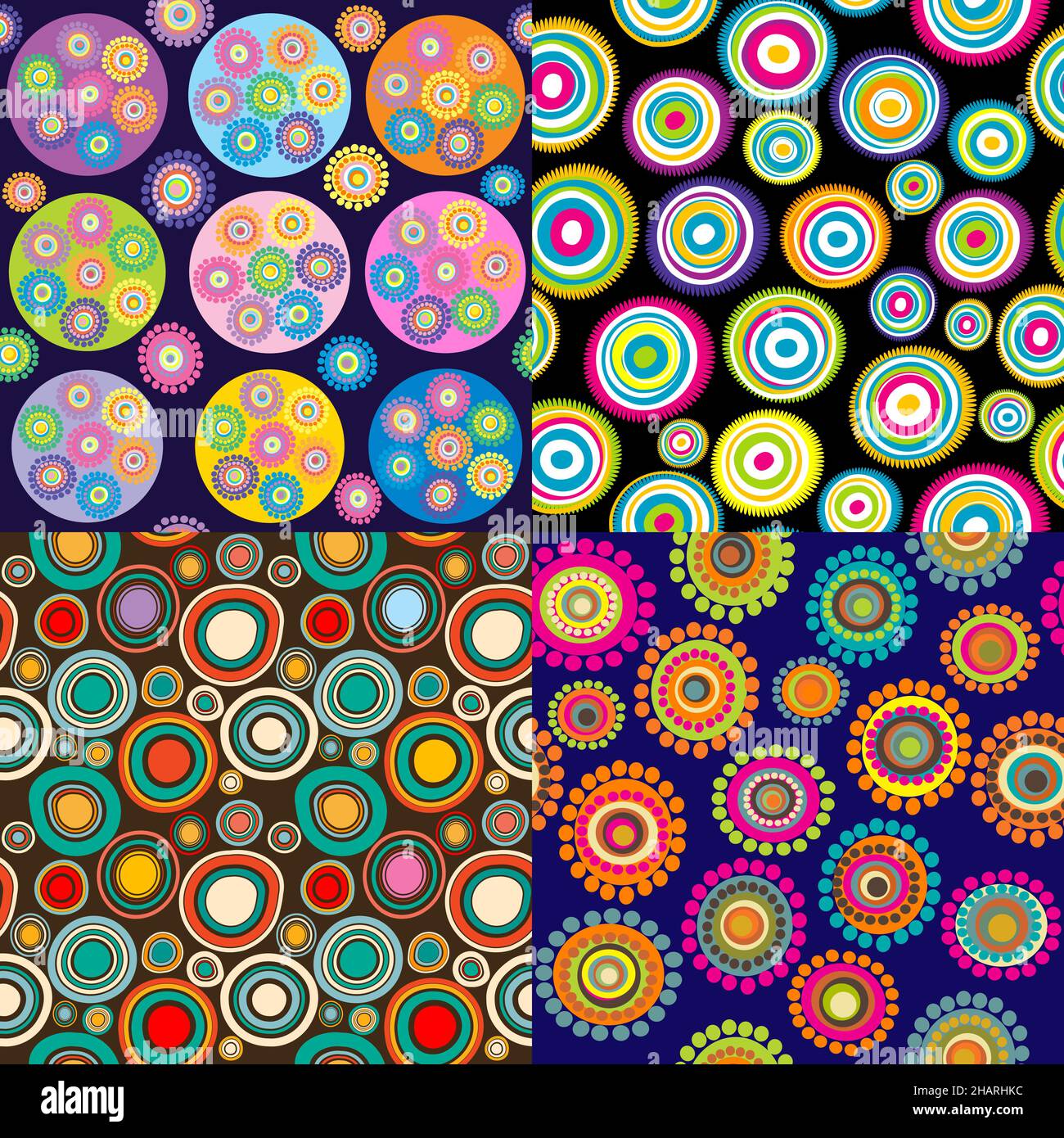 Set di quattro sfondi con forme circolari e fiori a punti Illustrazione Vettoriale