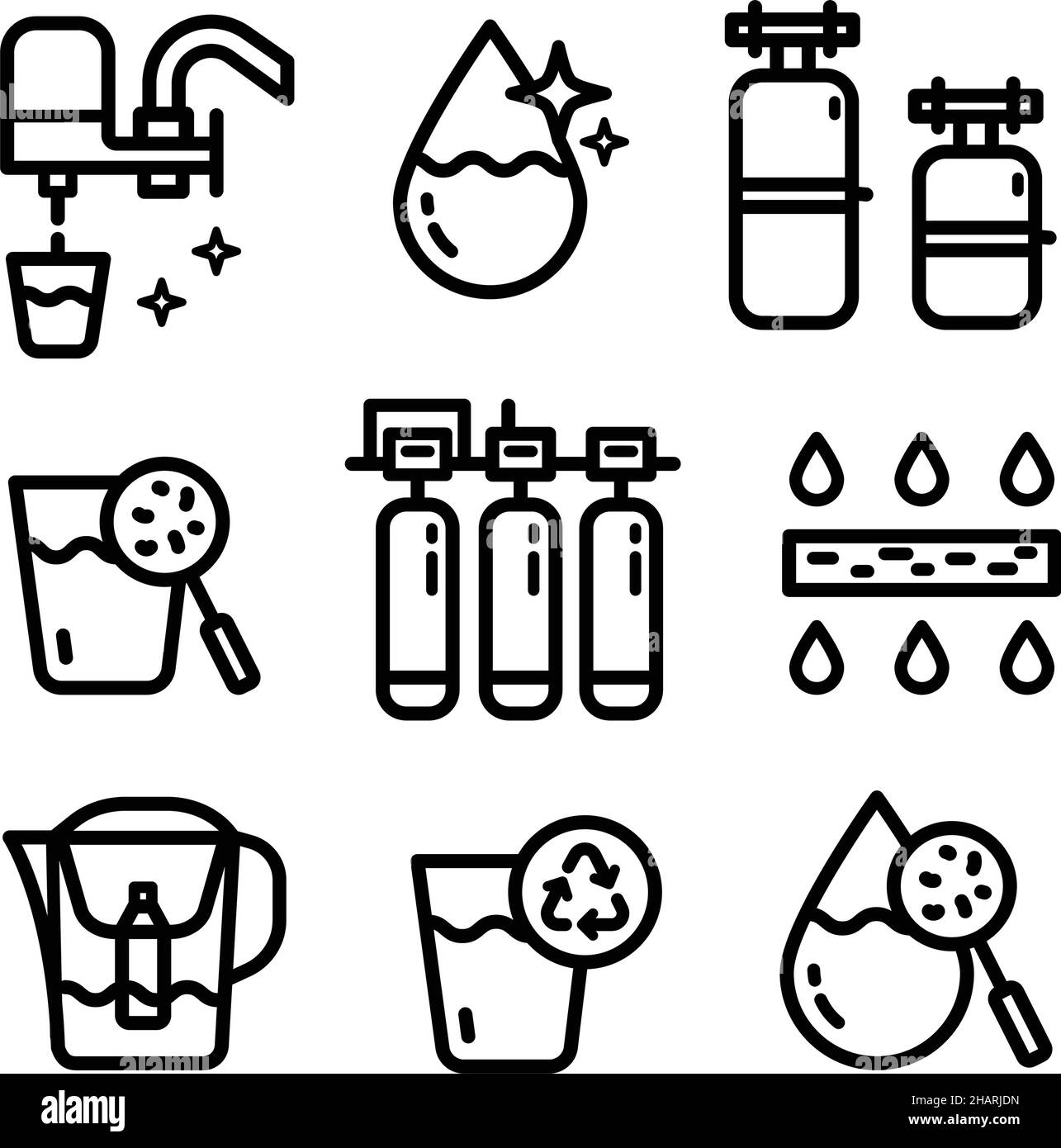 Set di icone del profilo di purificazione dell'acqua. Raccolta del trattamento delle acque reflue. Design a linea piatta. Illustrazione Vettoriale