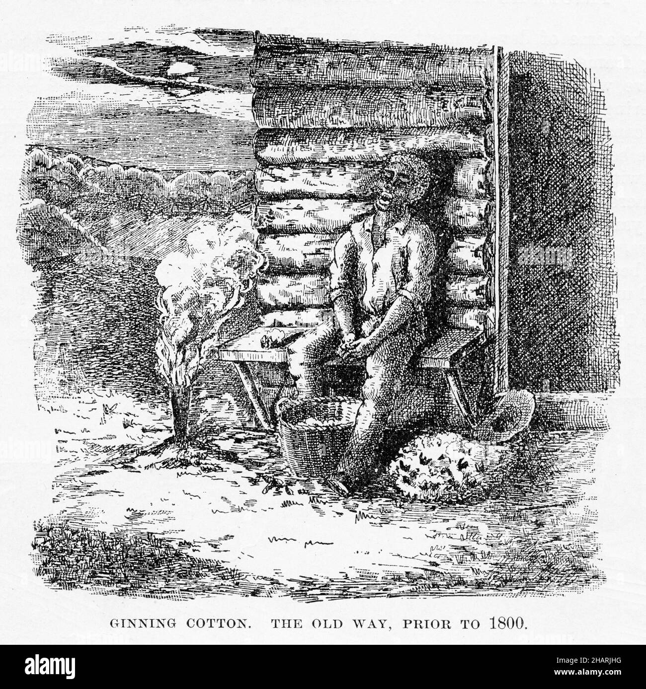 Incisione di uno schiavo maschio di cotone sgranato il vecchio modo, prima del 1800, pubblicato circa 1900 Foto Stock