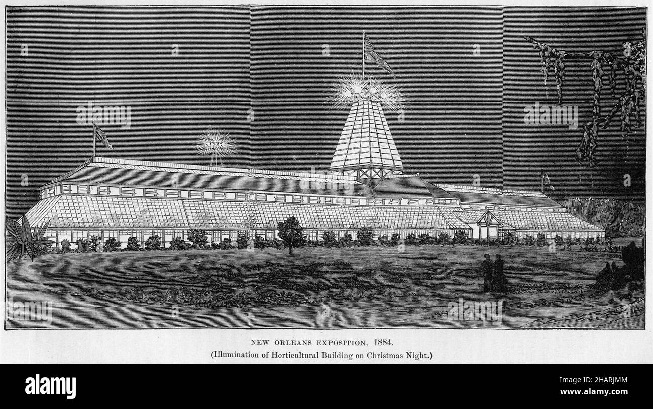 Incisione della mostra di New Orleans nel 1884, con l'edificio orticolo illuminato il 25 dicembre Foto Stock