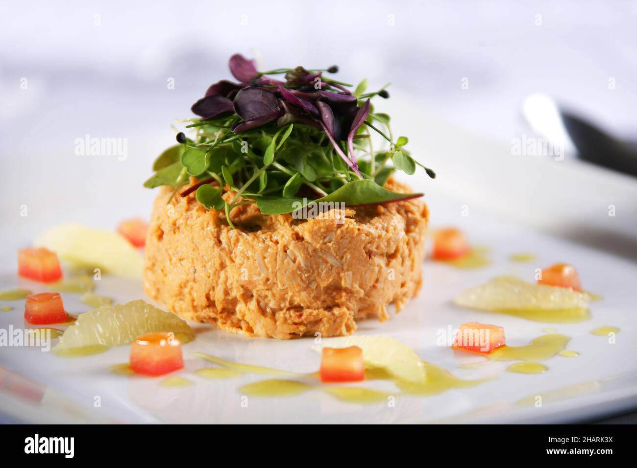 Tartare di salmone con un'insalata di pomodori di pompelmo Foto Stock