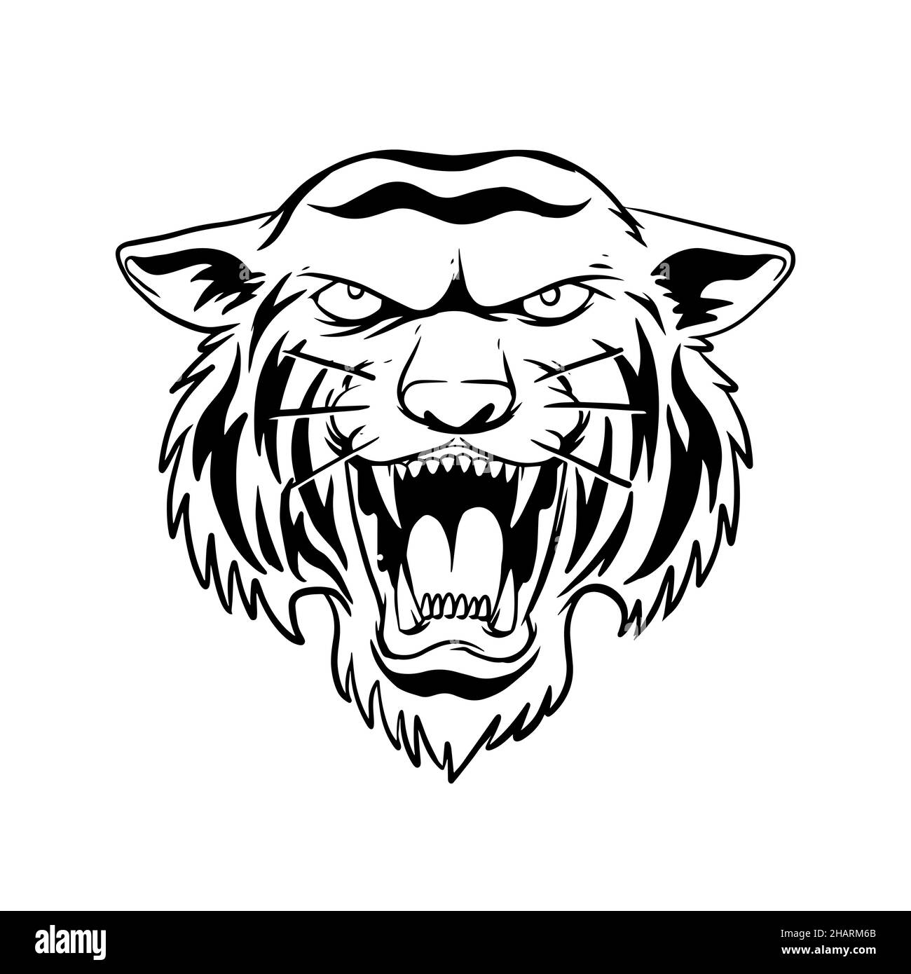 una tigre che growling. un disegno disegnato a mano di una testa animale selvaggia. disegno di arte di linea per emblema, poster, adesivo, tatuaggio, ecc. Foto Stock