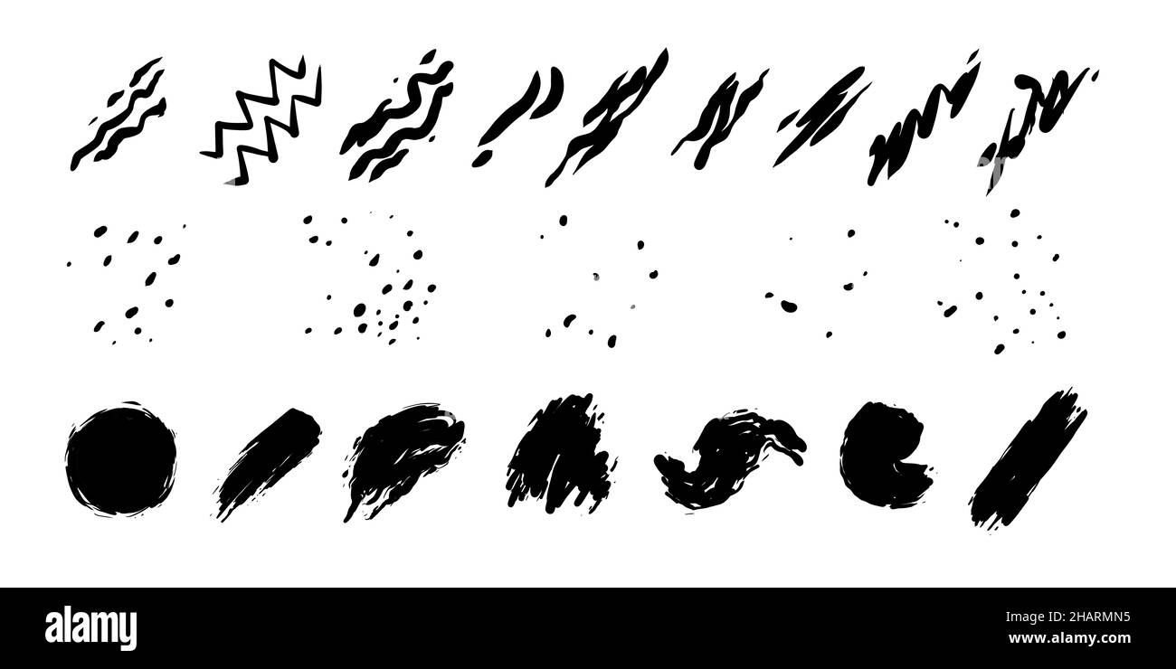 set di raccolte di pennelli a inchiostro in vari tratti. graffiato, scheggiato, macinato. la collezione di pennelli neri per un elemento disegno disegnato a mano. Foto Stock