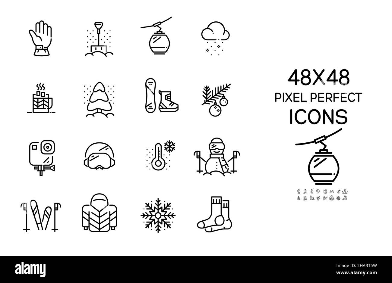 Set di simboli per le vacanze invernali in montagna. Sport ricreativi, temperatura fredda e abiti caldi. Pixel Perfect, icone Illustrazione Vettoriale