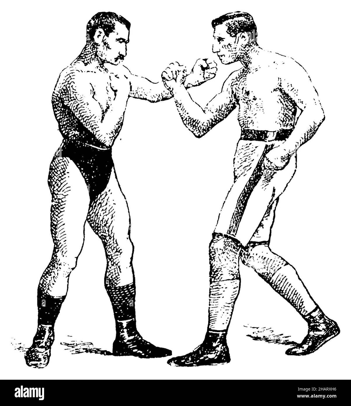 Pugilato: Finta il pugno alla faccia, con il braccio destro, per consegnare il pugno diretto allo stomaco, con il braccio sinistro (boxe inglese)., , (enciclopedia, 1910), Boxen: Finte des Faustschlages zum Gesicht, mit dem rechten Arm, um den direkten Schlag zum Magen, mit dem linken Arm, auszuführen (englisches Boxen)., Boxe : feinte du coup de poing au visage, avec le bras droit, pour porter le coup direct à l'estomac, avec le gaubraise as bauche. Foto Stock