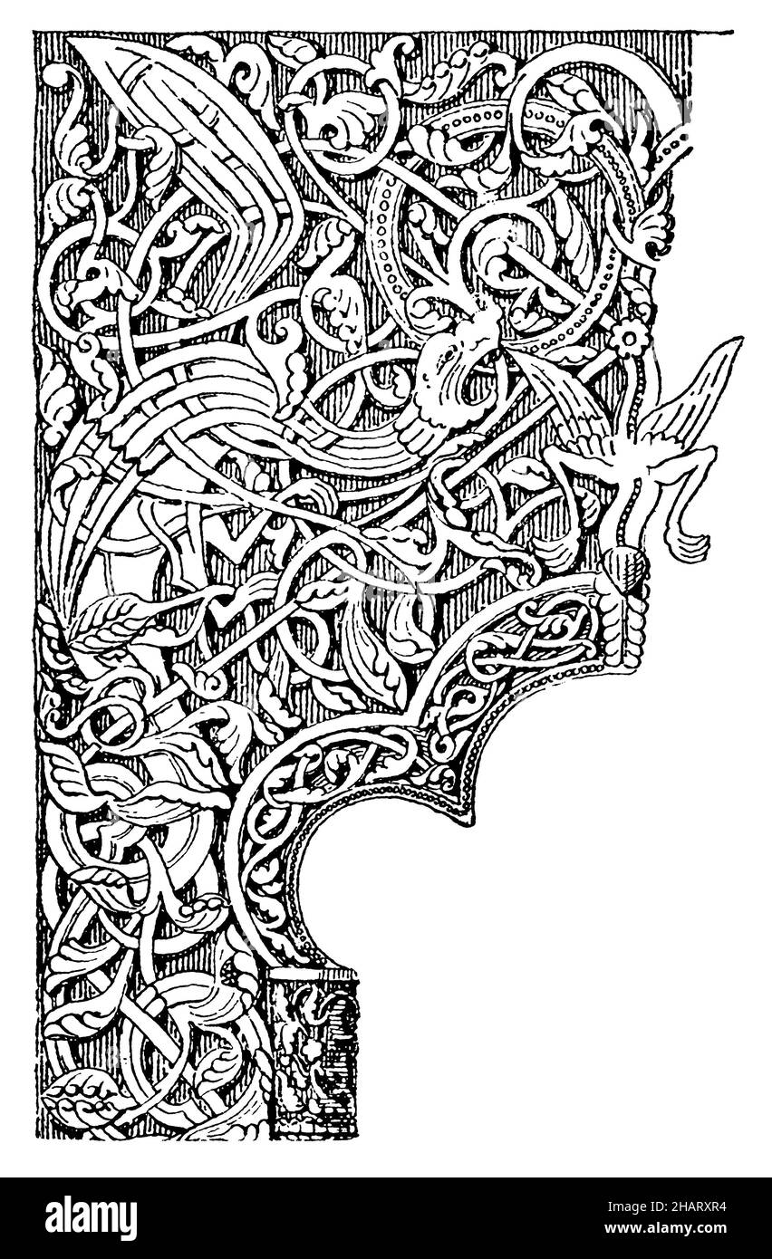 Ornamento dalla chiesa a doghe di Wang, chiesa medievale norvegese a doghe di Vang, acquisito dal re prussiano Federico Guglielmo IV nel 1841 e ricostruito a Brückenberg (ora Karpacz Górny), ora un distretto di Krummhübel (ora Karpacz) nei monti Krkonoše, , (libro di storia dell'arte, 1904), Ornatio aus der Stabkirche Wang, Mittelalterliche norwegische Stabholzkirche aus Vang, die 1841 vom preußischen König Friedrich Wilhelm IV. Erworben und in Brückenberg (heute Karpacz Górny), mittlerweile Ortsteil von Krummhübel (heute Karpacz) im Riesengebirge wieder aufgebaut wurde, Ornement de l'église en bois Foto Stock