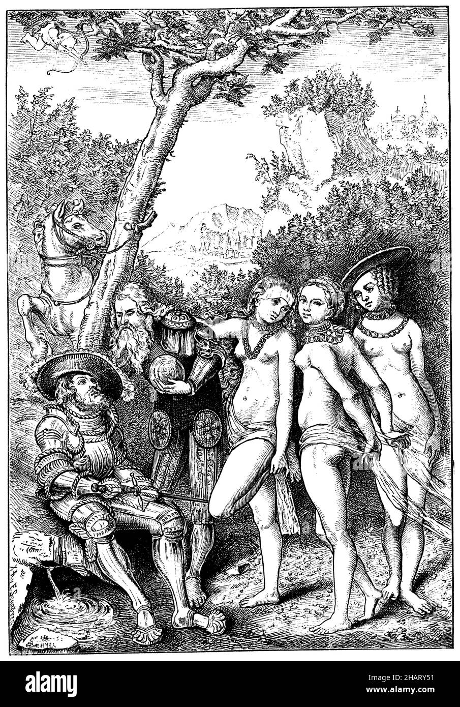 Il Giudizio di Parigi, di Lucas Cranach il Vecchio. Museo di Karlsruhe., , Cranach d. Ä., Lukas, (libro di storia dell'arte, 1887), Das Urteil des Paris, von Lucas Cranach d. Ä. Museo di Karlsruhe, le jugement de Paris, par Lucas Cranach l'Ancien. Museo di Karlsruhe Foto Stock