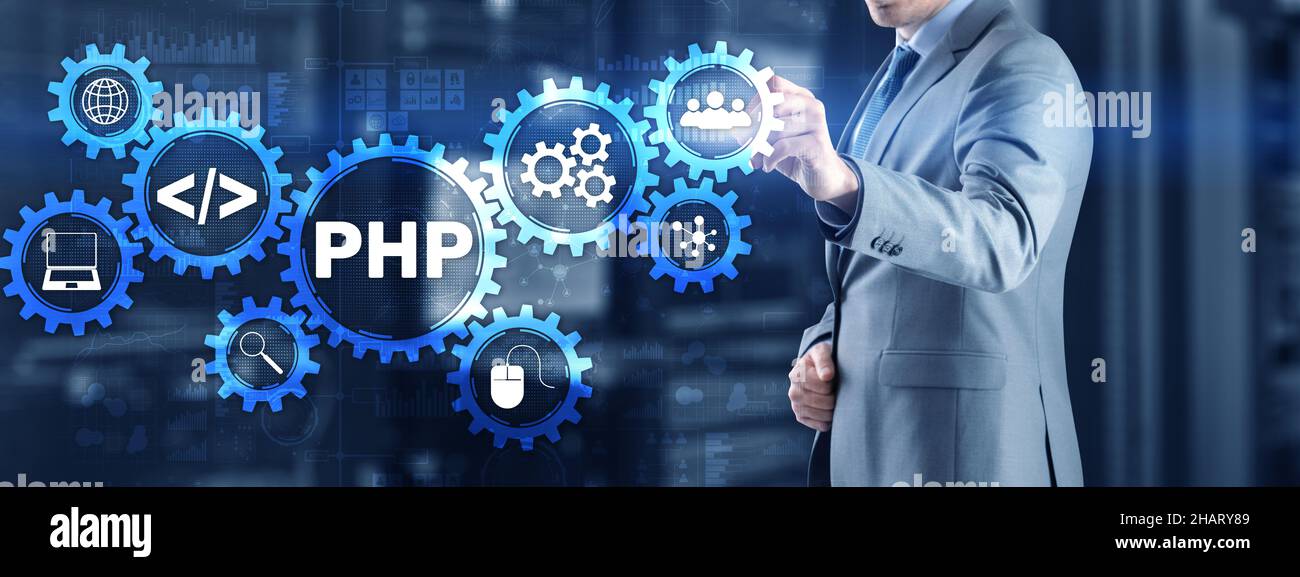 Concetto di codifica PHP. Ricerca programmatore. Informazioni sulla tecnologia. Foto Stock