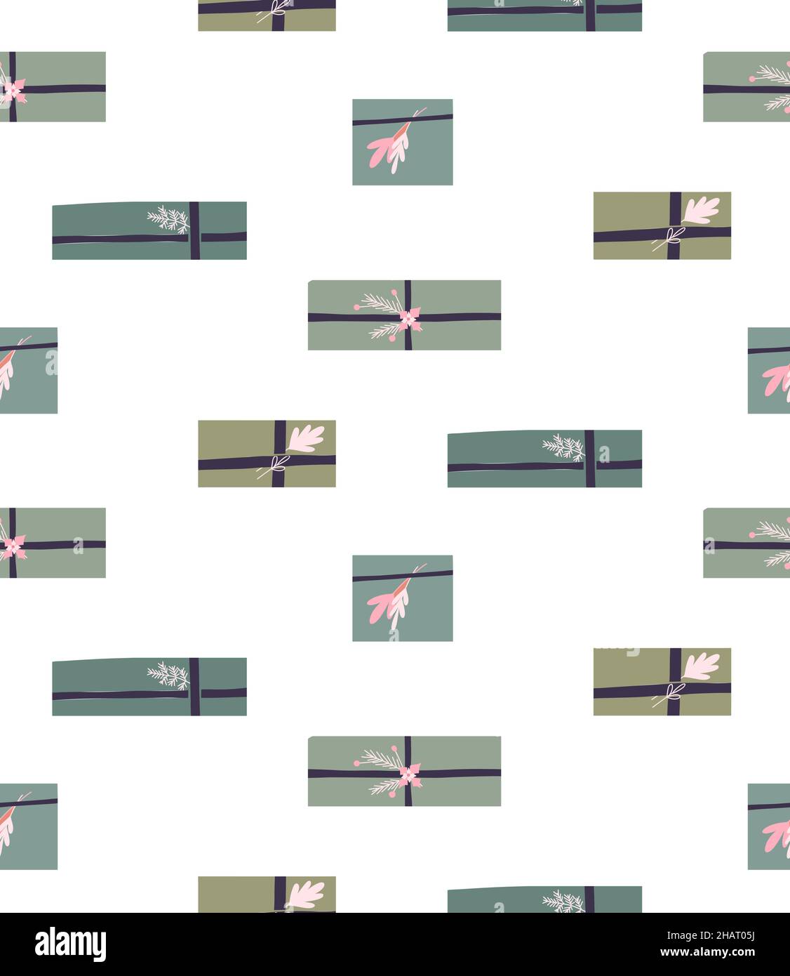 Semplice modello vacanza senza cuciture con scatole regalo Hygge verde con nastri e decorazioni a rami su sfondo bianco. Carta da parati vettoriale ingenua con pre Illustrazione Vettoriale