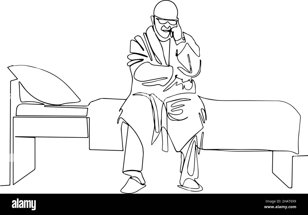 uomo maturo pensivo e triste in pigiama e un accappatoio seduto su un letto Illustrazione Vettoriale