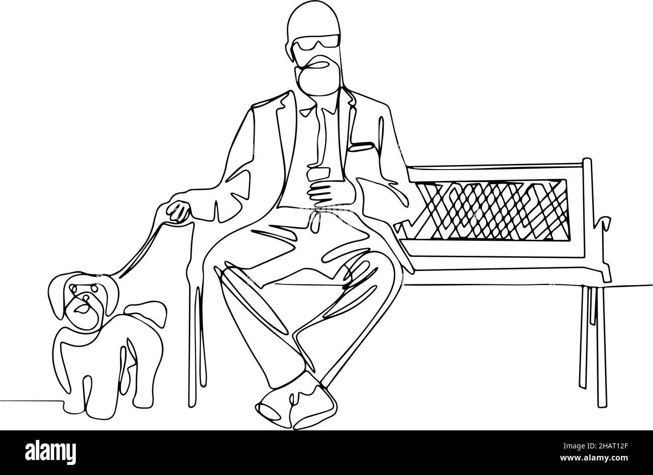 uomo bearded seduto su una panca con una tazza di caffè take away e un cane su un guinzaglio Illustrazione Vettoriale