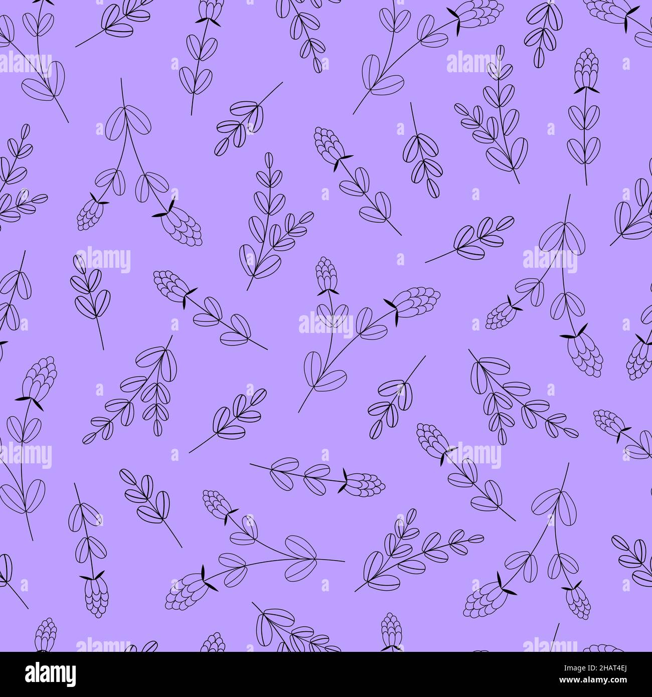 Modello senza cuciture con rametti di lavanda a contorno su sfondo lilla Illustrazione Vettoriale