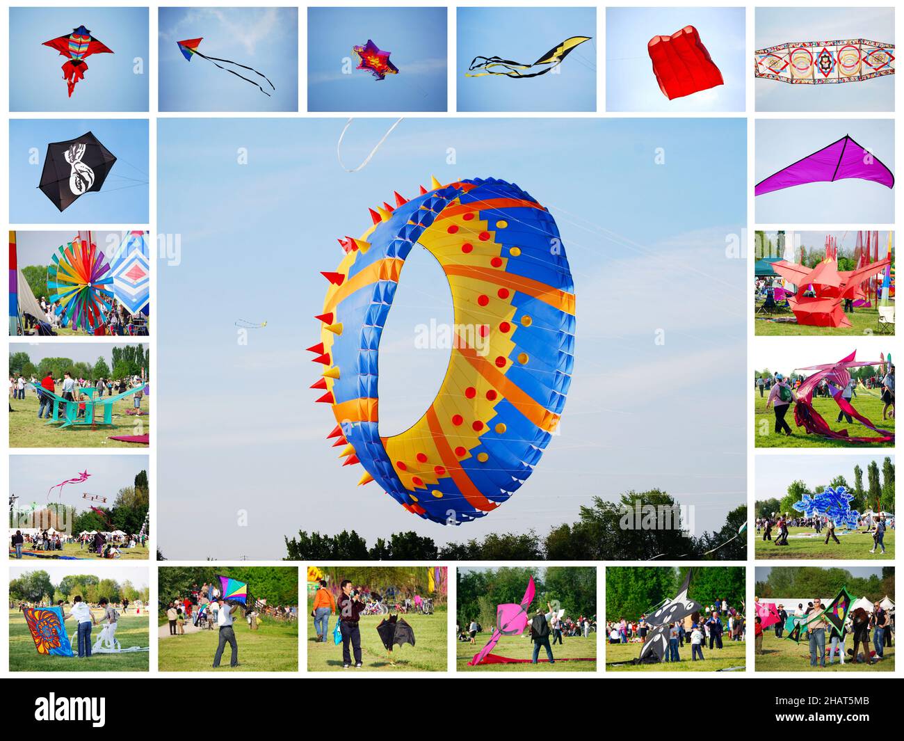 Ferrara - Italia - 9 Aprile 2019 - Collage fotografico del Festival Internazionale degli aquiloni di Vulandra. Ferrara. Italia Foto Stock