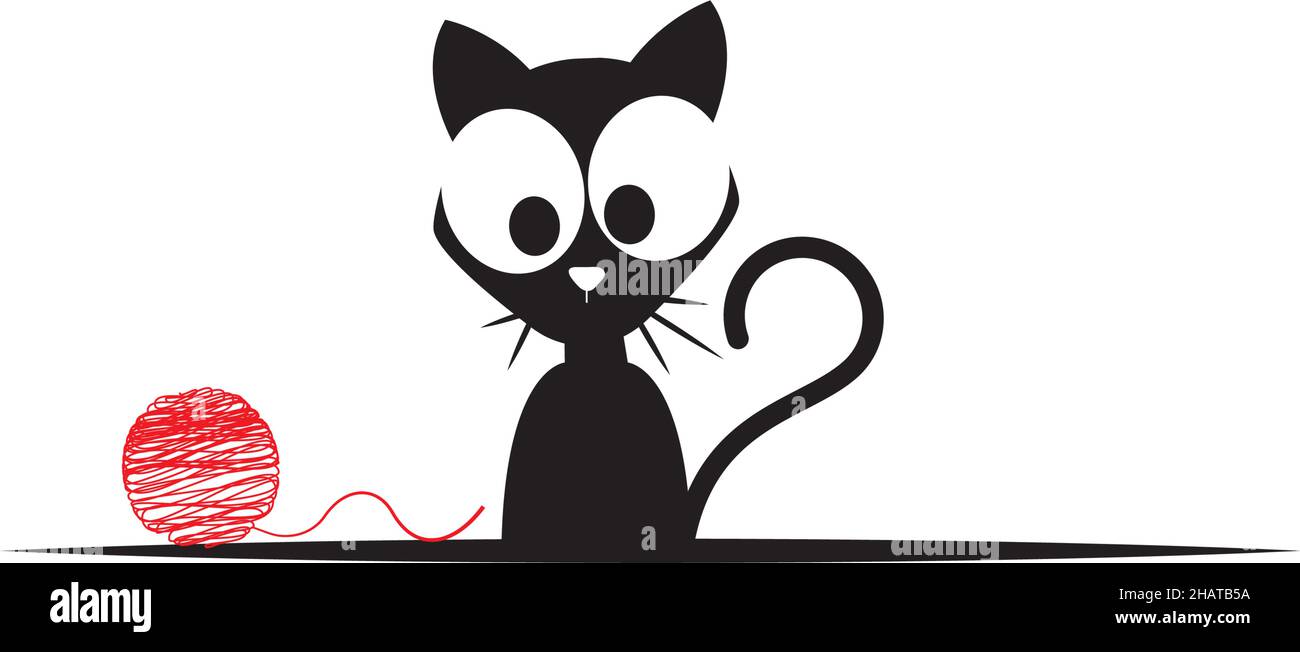 Silhouette Cat, vettoriale. Carino personaggio cartoon isolato su sfondo bianco. Carino kitty gatto illustrazione con lana. Decalcomanie da parete infantile, arte da parete Illustrazione Vettoriale