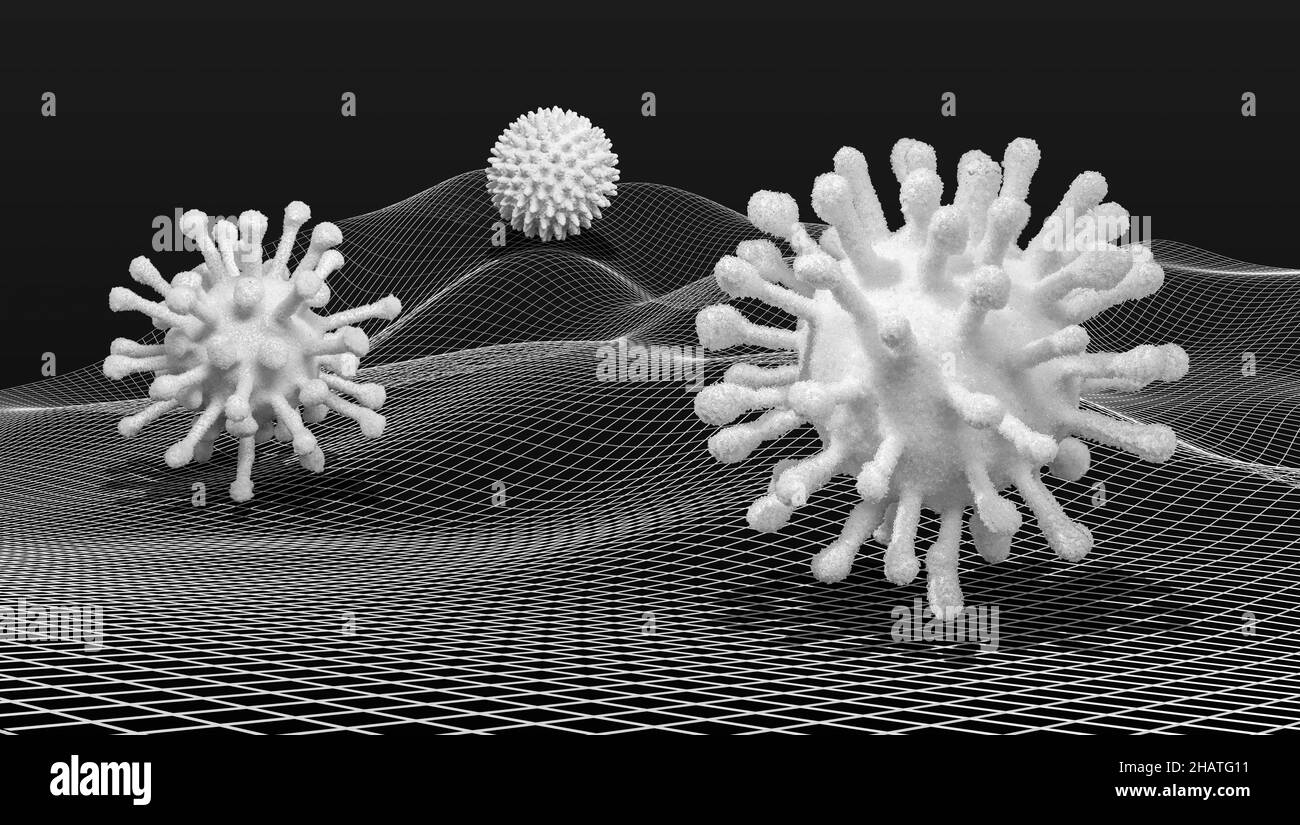 Scenario a maglia metallica e alcuni virus simbolici nella parte posteriore scura Foto Stock