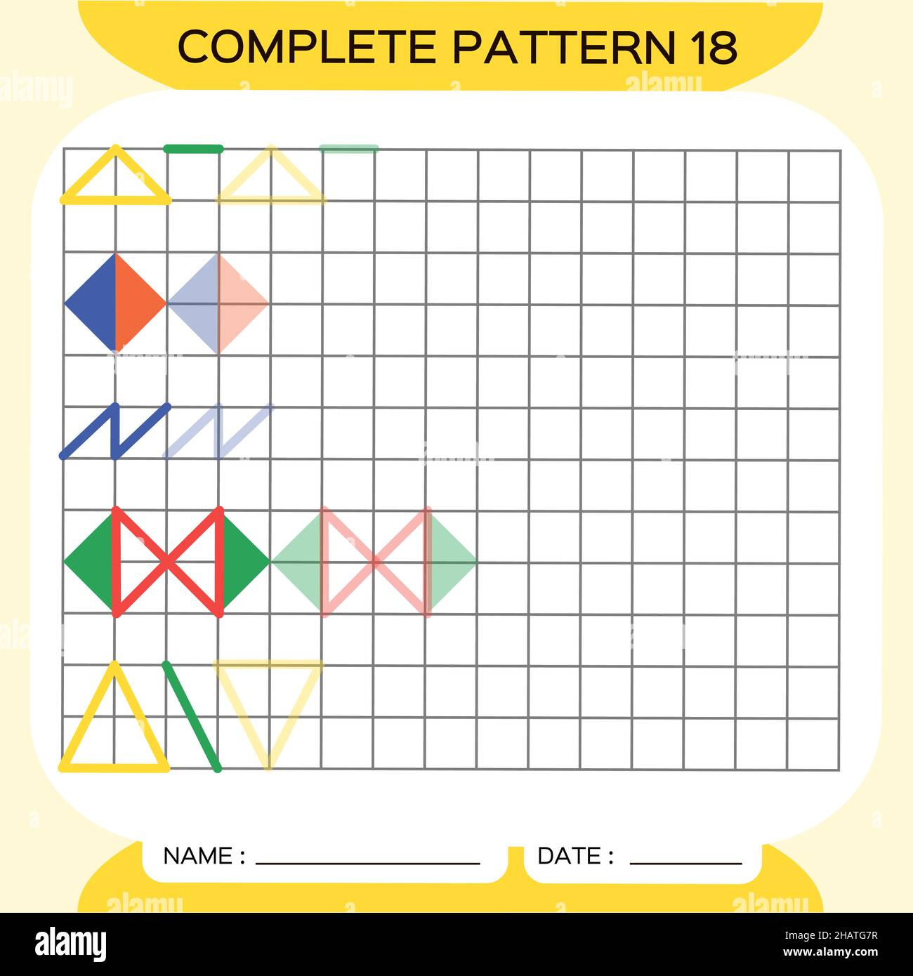 Ripetizione pattern, Puzzle. Copia immagine. Speciale per bambini in età prescolare. Foglio di lavoro stampabile per bambini per esercitarsi sulle abilità fini del motore. Imparare i colori. Attenzione E. Illustrazione Vettoriale