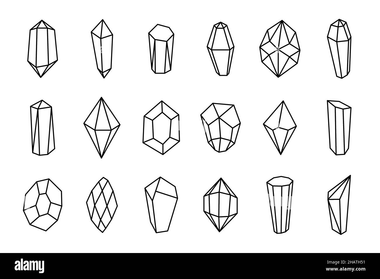 Set di icone lineari Crystal Minerals. Linea arte gemma collezione di pietre. Illustrazione del contorno isolato dal vettore per la medicina alternativa e il trattamento Illustrazione Vettoriale