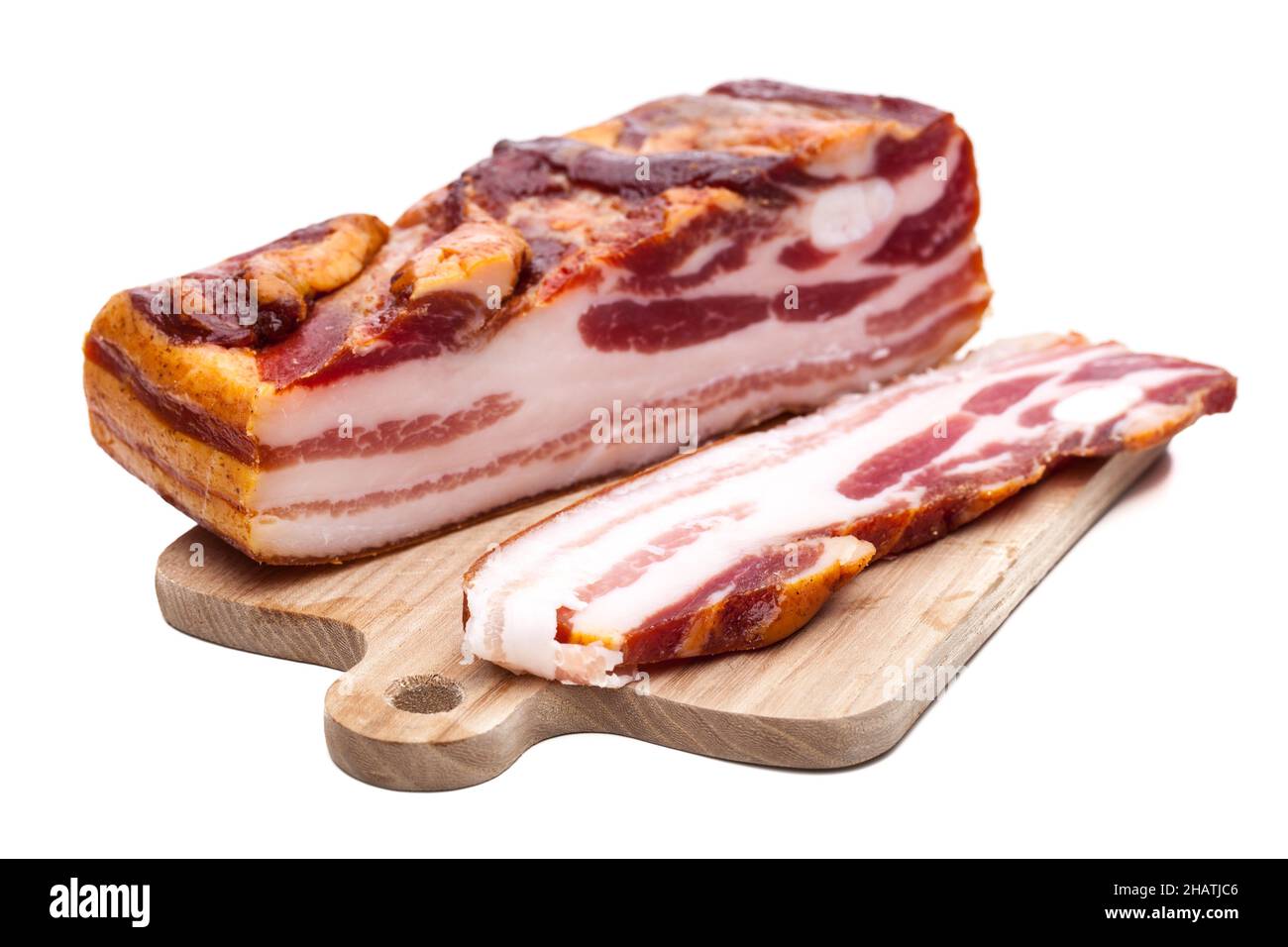 Pancetta, asse di legno, disco, asse, naturalmente, Taglio, qualità, pezzo, chiuso, austriaco, Cibo, fette, Austria, bello, bianco, Sfondo, Steiermark, St Foto Stock