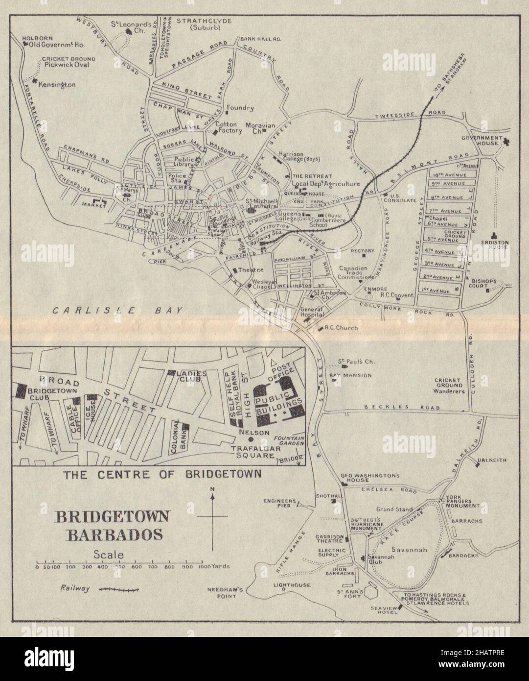 BRIDGETOWN. Mappa della città vintage. Barbados. Indie Occidentali. Caraibi 1923 anni Foto Stock