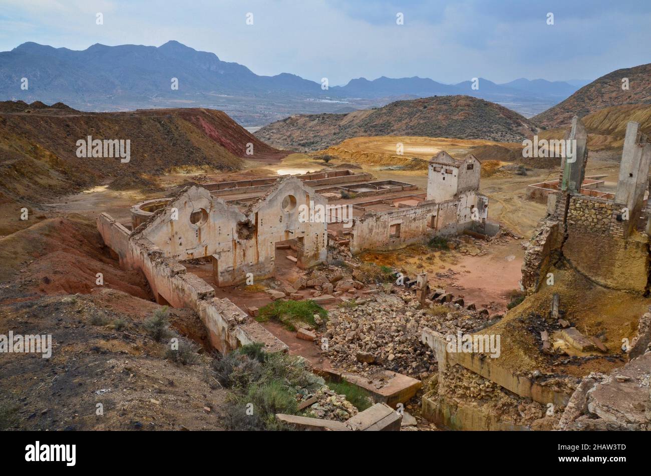 Rovine sul sito della miniera, Mazarron, Murcia, Spagna Foto Stock