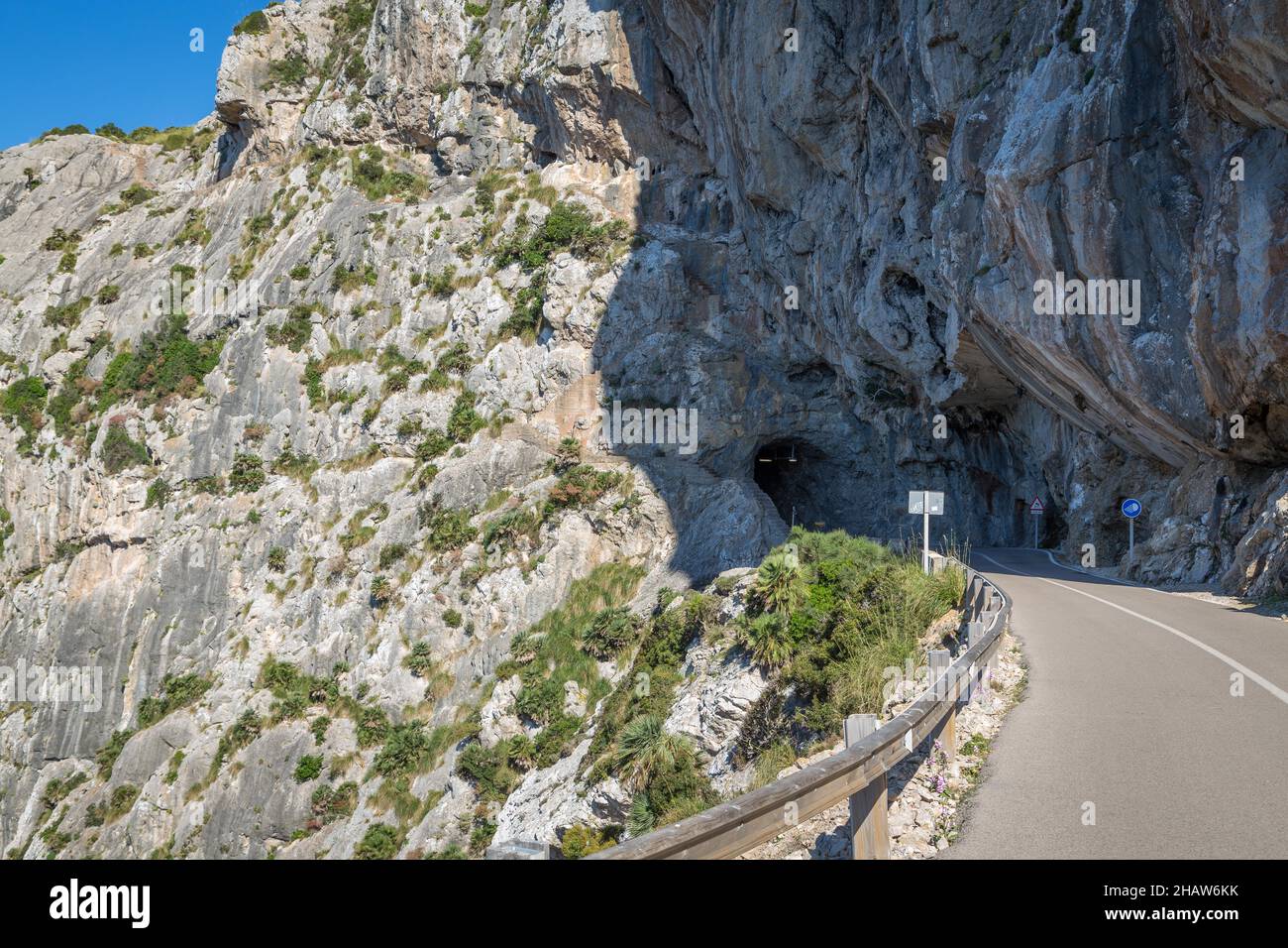 La strada di montagna conduce in tunnel stretto, Monti Tramuntana, Maiorca, Spagna Foto Stock