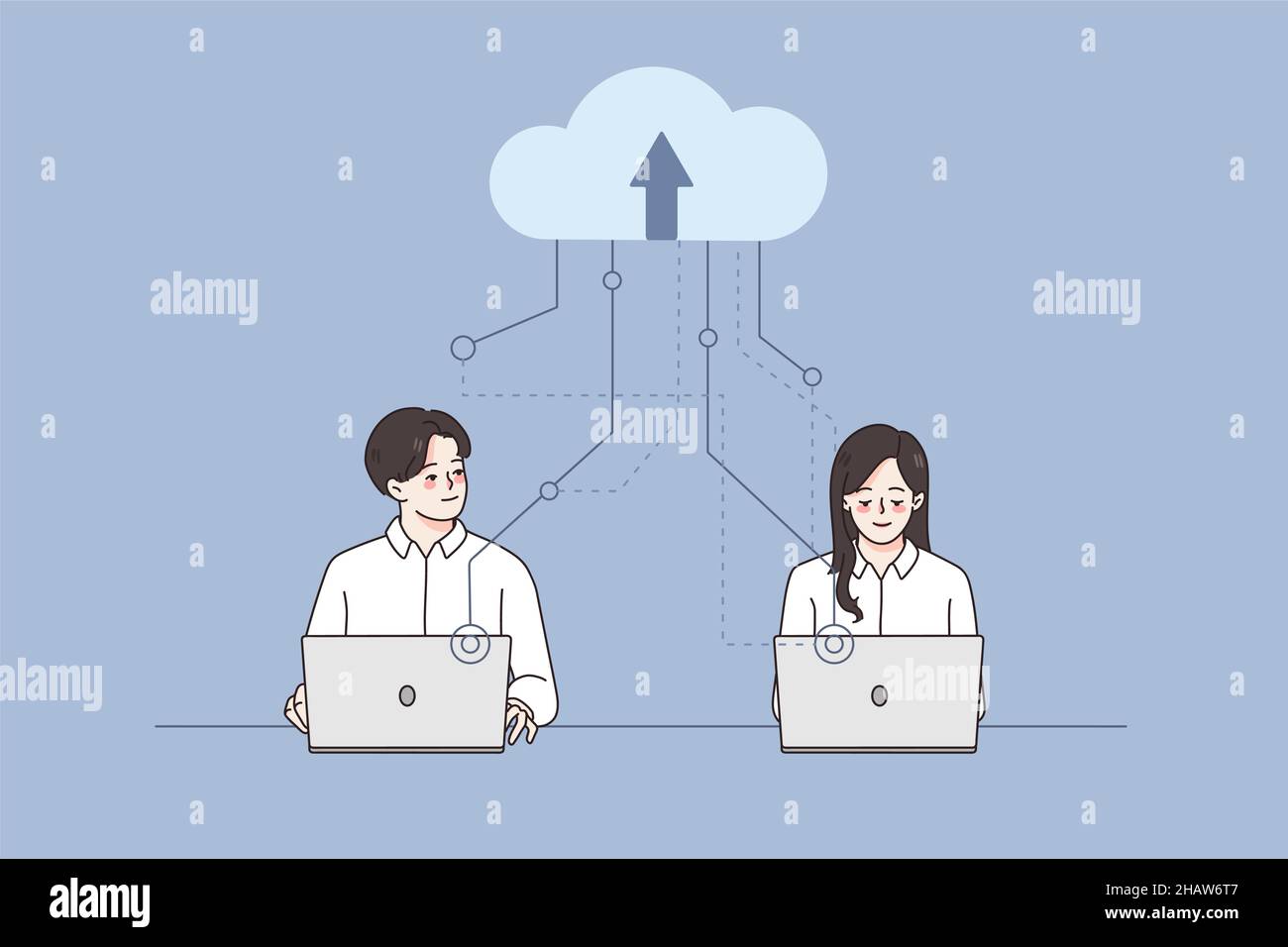 Gli uomini d'affari lavorano sui computer utilizzando il servizio cloud. I dipendenti o i colleghi che si occupano di notebook sfruttano lo storage remoto online. Tecnologia moderna per il lavoro d'ufficio. Illustrazione vettoriale. Illustrazione Vettoriale