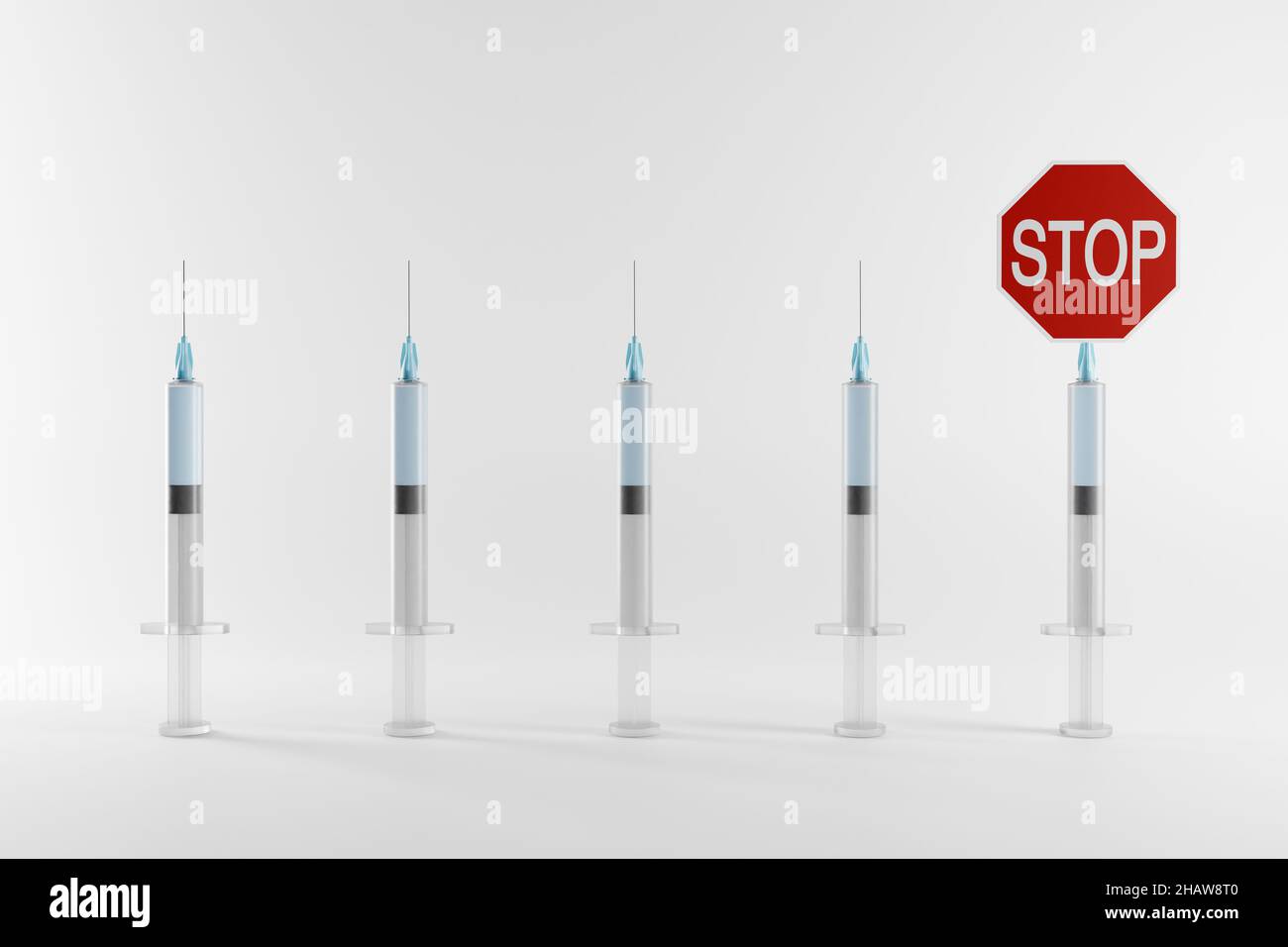 Concetto di un numero eccessivo di vaccini con siringhe e segno di arresto su sfondo bianco, resa 3D Foto Stock