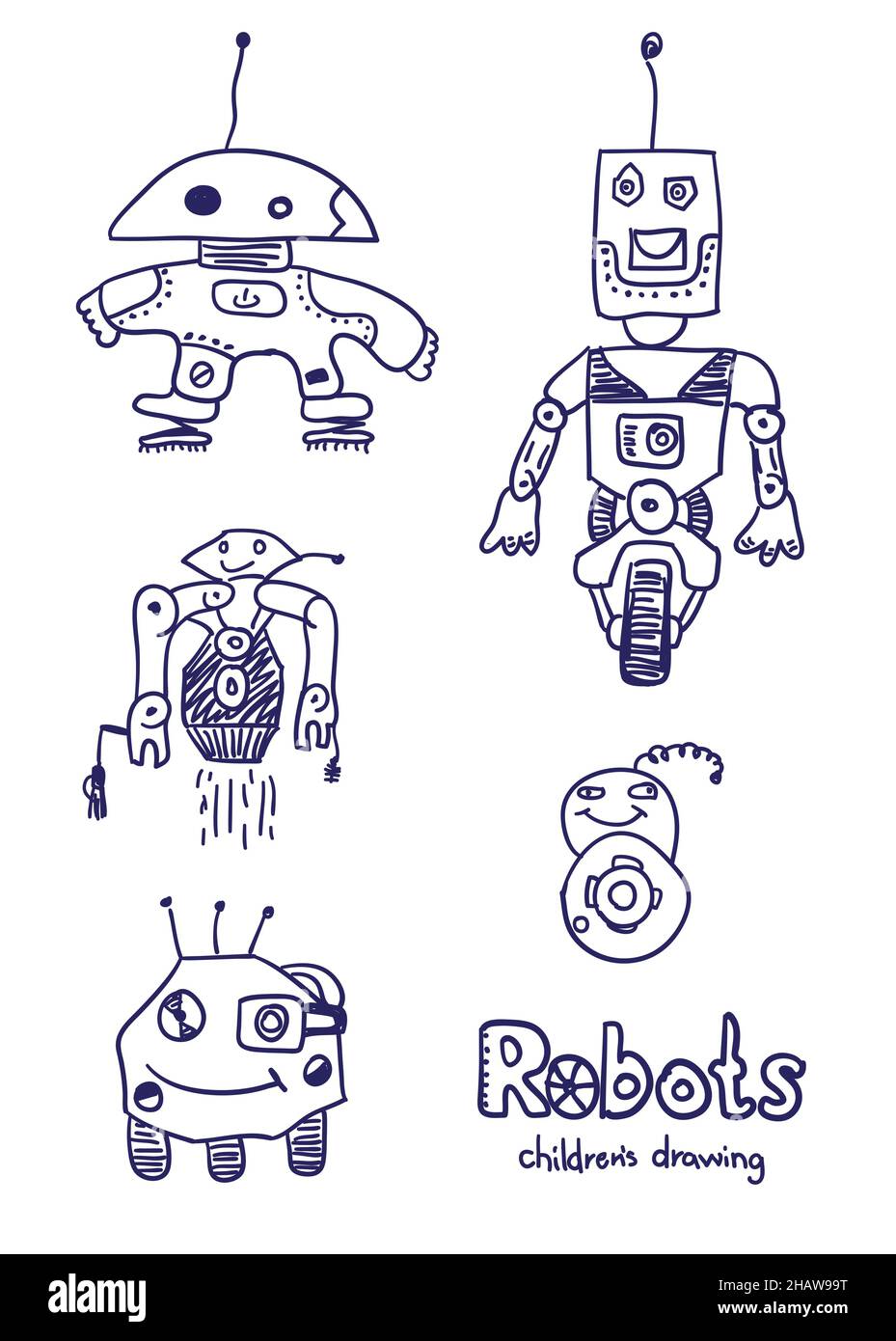 Fumetti fumetti robot. Set di schizzi vettoriali. Disegno realmente dei bambini. Illustrazione Vettoriale