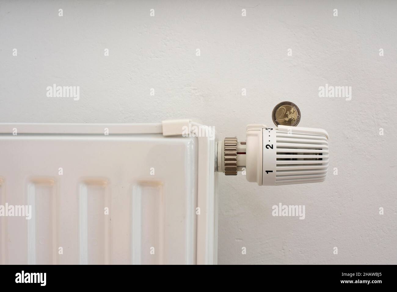 Termostato radiatore a EUR2 monete, Germania Foto Stock