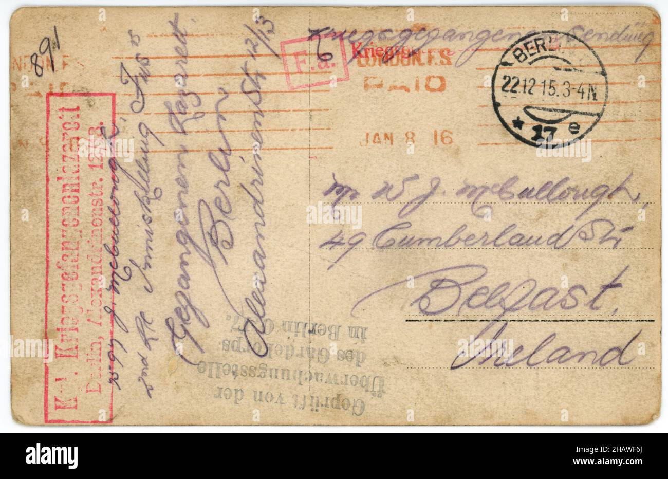 22nd dicembre 1915. Cartolina tedesca inviata dal campo Alexandrinenstrasse Lazarett POW di Berlino a via Londra, ai genitori di Joshua McCullough (2nd Royal Inniskilling Fusiliers) a Belfast. Foto Stock
