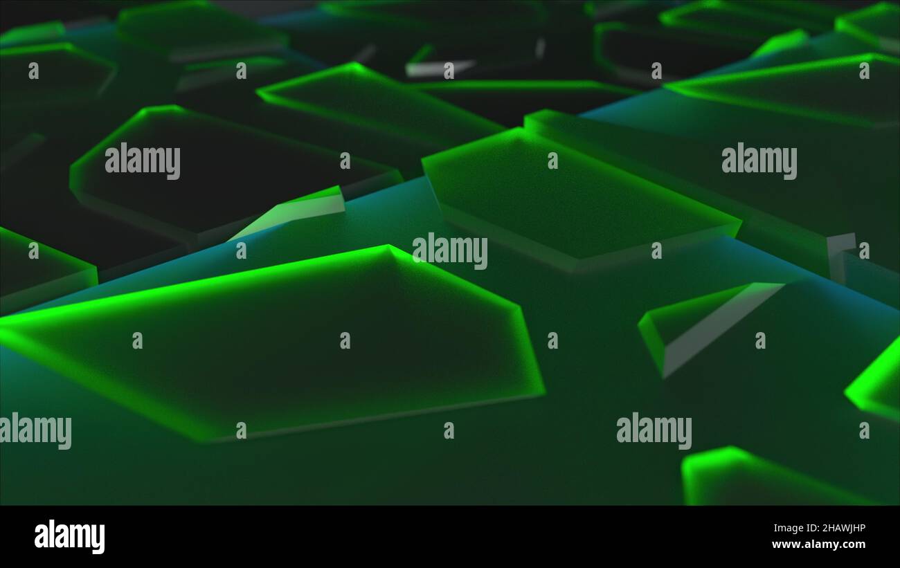 I frattali di vetro galleggiano lentamente sul rendering 3D della superficie techno. Frammenti di ghiaccio futuristico con tecnologia geometrica struttura di texture sparse in s. Foto Stock