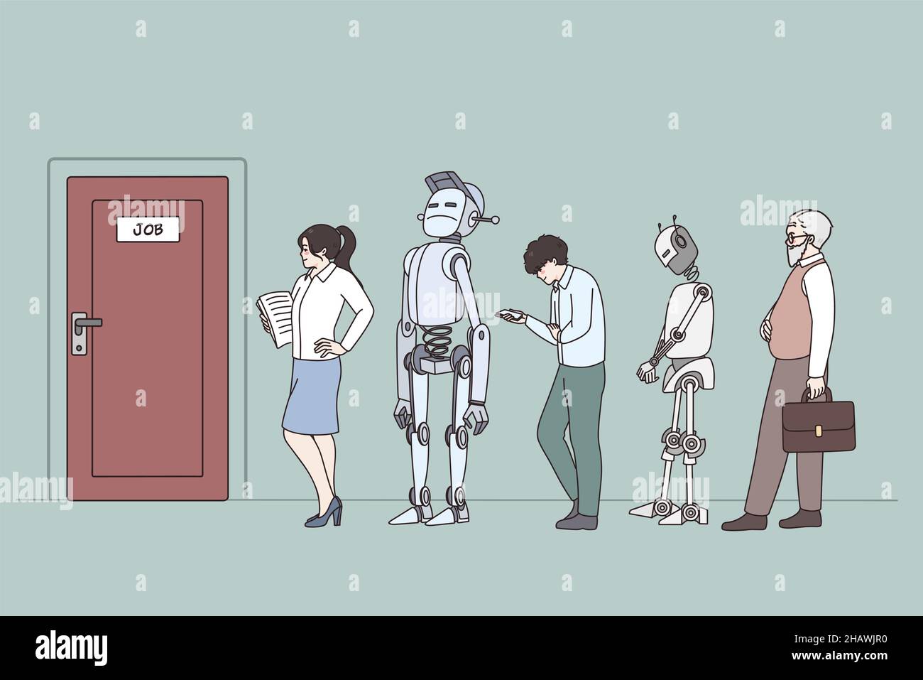 Le persone e i robot sono in fila per l'intervista competere per la posizione di lavoro. Umanoidi e candidati umani in coda per il colloquio di reclutamento. Mondo digitale, rivoluzione tecnologica. Illustrazione vettoriale. Illustrazione Vettoriale