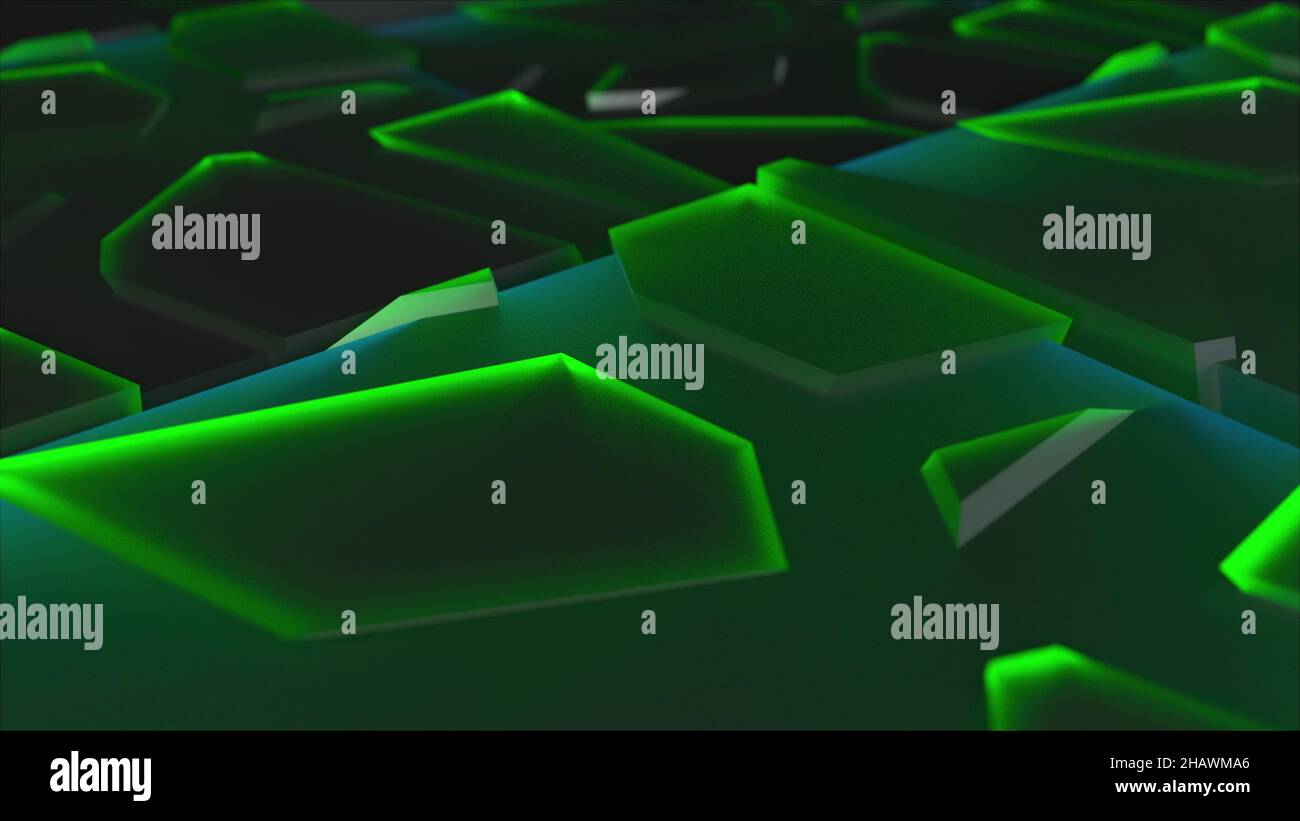 I frattali di vetro galleggiano lentamente sul rendering 3D della superficie techno. Frammenti di ghiaccio futuristico con tecnologia geometrica struttura di texture sparse in s. Foto Stock