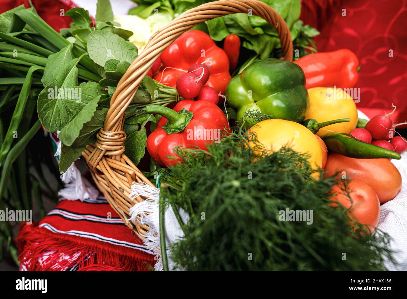 Immagine della profondità di campo poco profonda (fuoco selettivo) con un cestino pieno di verdure fresche organiche (pepe rosso, rafano, cipolla primaverile, tomati) in vendita Foto Stock