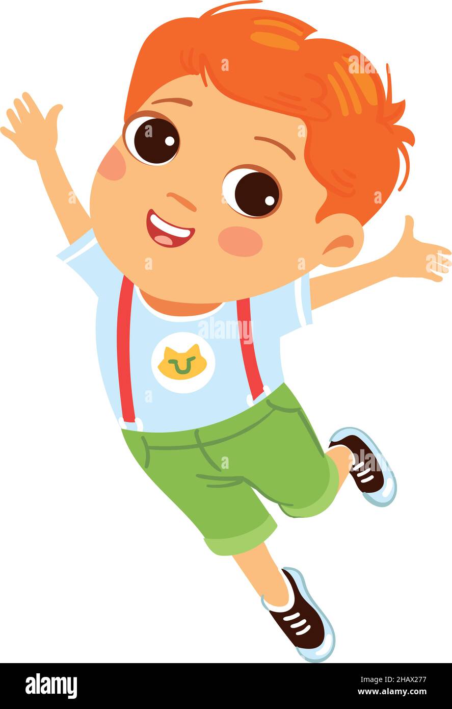 Il ragazzo piccolo carino che salta. Sorridente personaggio cartoon in festa Illustrazione Vettoriale