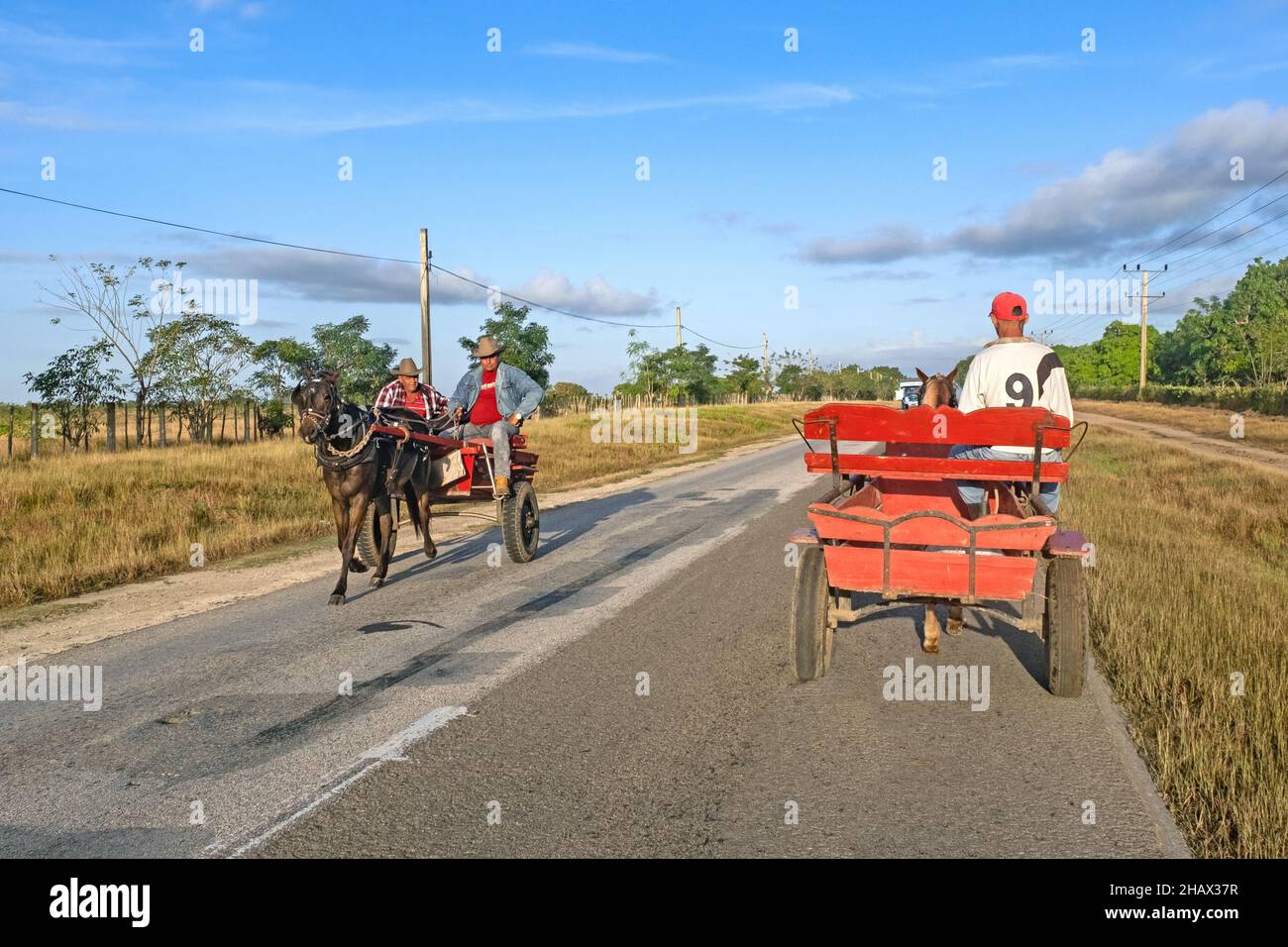 Cubans in carrozza trainata da cavalli e carrozza lungo la Carretera Central / CC / Central Road, autostrada ovest-est nella provincia di Camagüey, sull'isola Cuba Foto Stock