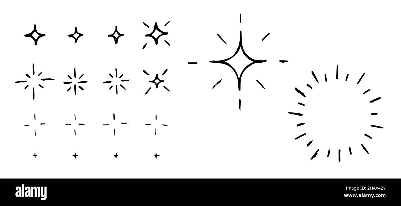 Rombo vettoriale disegnato a mano che risplende stelle e fuochi d'artificio. Doodle flare natale e nuovo anno elementi di design semplice. gruppo eps dello schizzo vettoriale Illustrazione Vettoriale