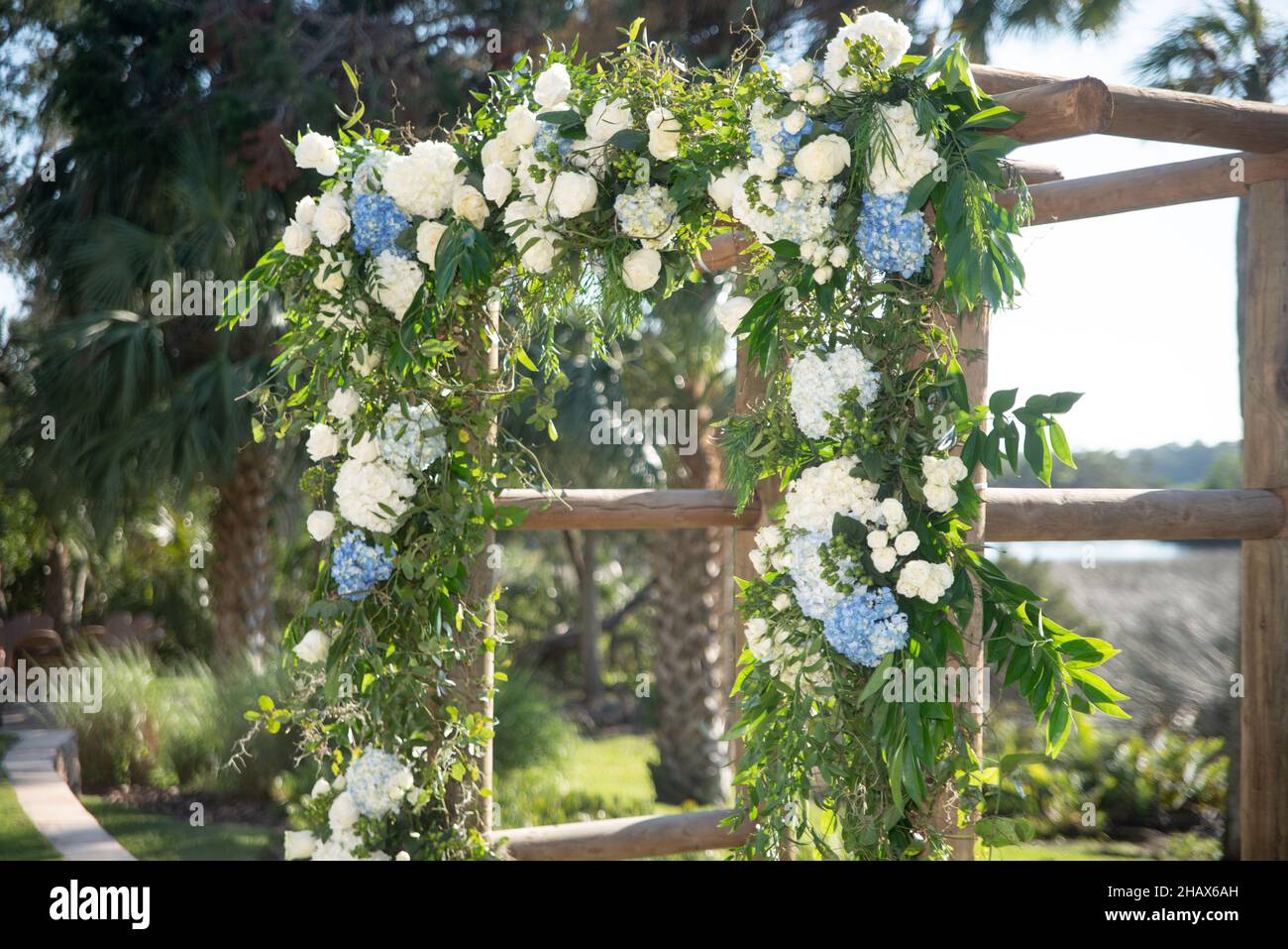 Arco di nozze in legno boemo con rose bianche e fiori blu Foto Stock