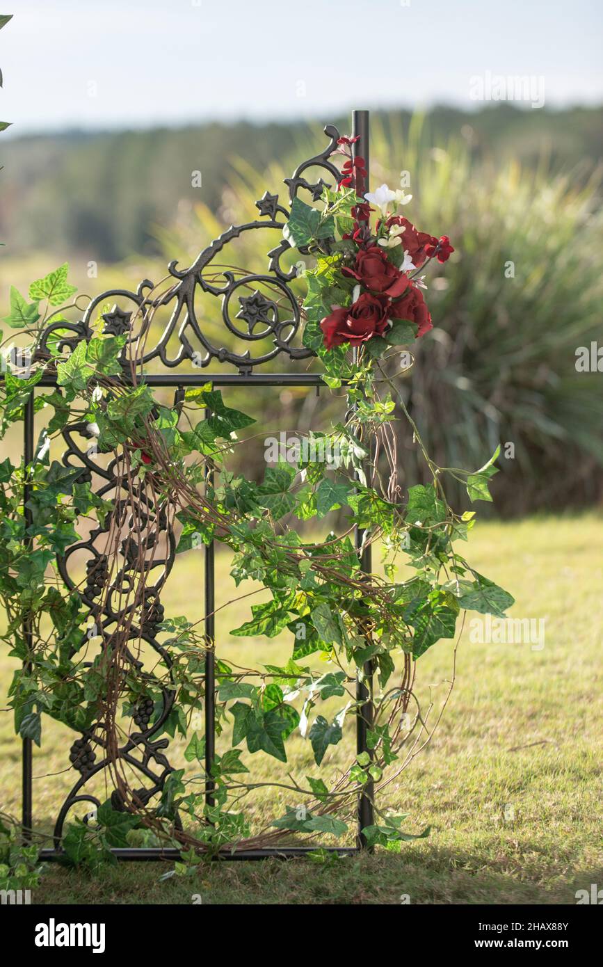 Ferro di ghisa ornato recinto nero con viti e rose rosse Foto Stock