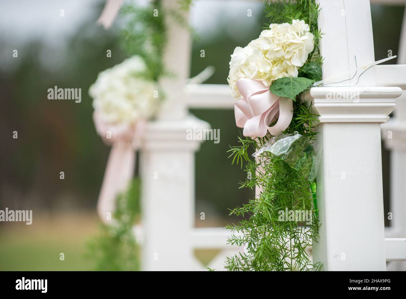 Fiori di peonia bianca con archi rosa e nastri decorazioni per matrimoni su arco bianco Foto Stock