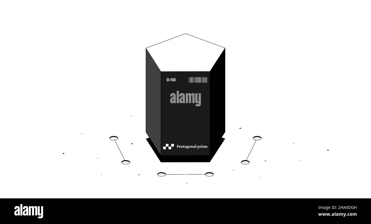 Figura matematica del prisma pentagonale. Immagine isometrica 3D in bianco e nero isolata su sfondo bianco. Foto Stock