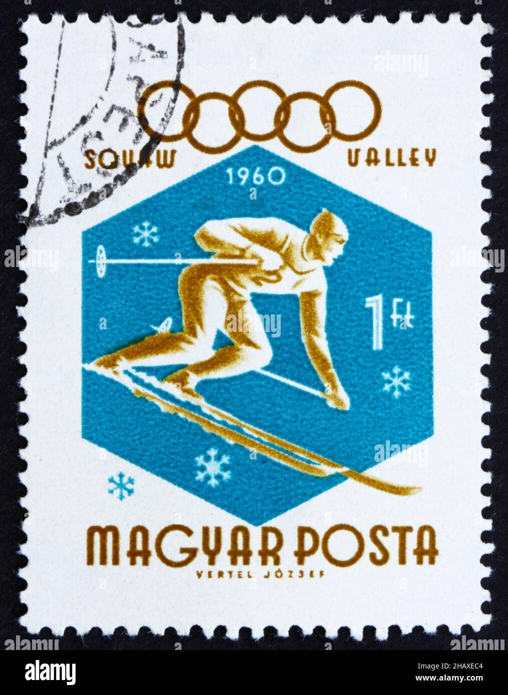 UNGHERIA - CIRCA 1960: Un francobollo stampato in Ungheria mostra sciatore Downhill, Sport olimpici invernali, Squaw Valley 60, circa 1960 Foto Stock