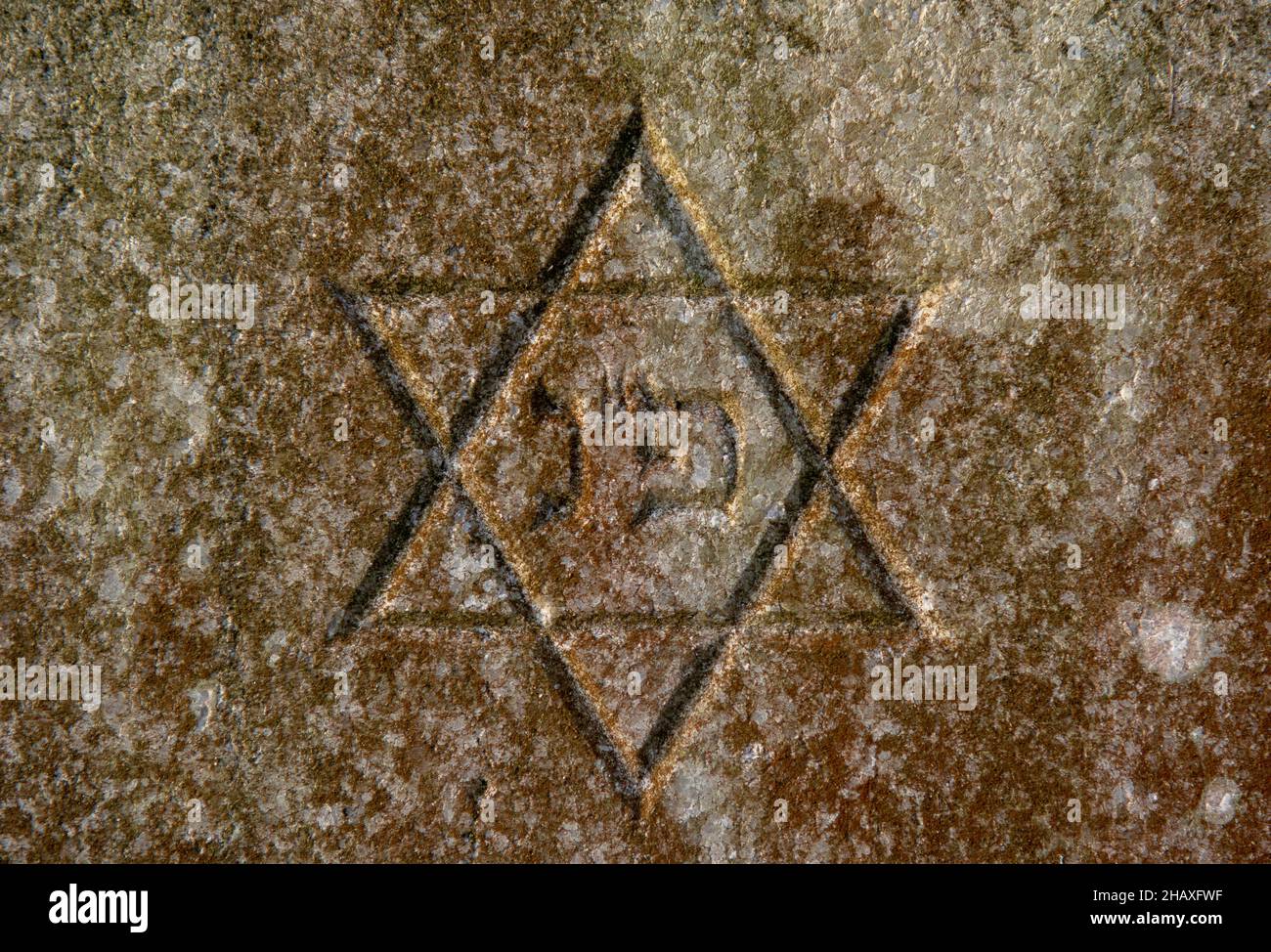 Stella ebraica di Davide sulla lapide. Simbolo degli ebrei. Primo piano. Dettaglio. Foto Stock