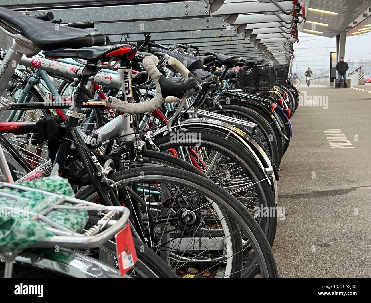 Biciclette parcheggiate alla fermata dell'autobus presso la stazione ferroviaria di Hardbrücke a Zurigo. Sullo sfondo c'è una persona che guida una bicicletta su una pista ciclabile. Foto Stock