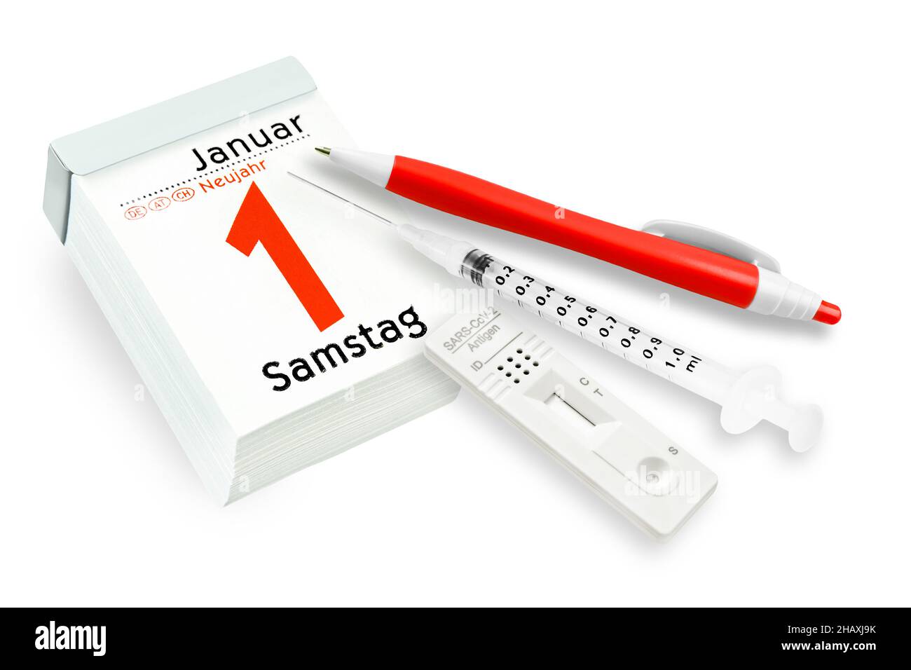 Calendario tedesco 2022 gennaio 1 Sabato nuovo anno con vaccinazione e test rapido antigene Foto Stock